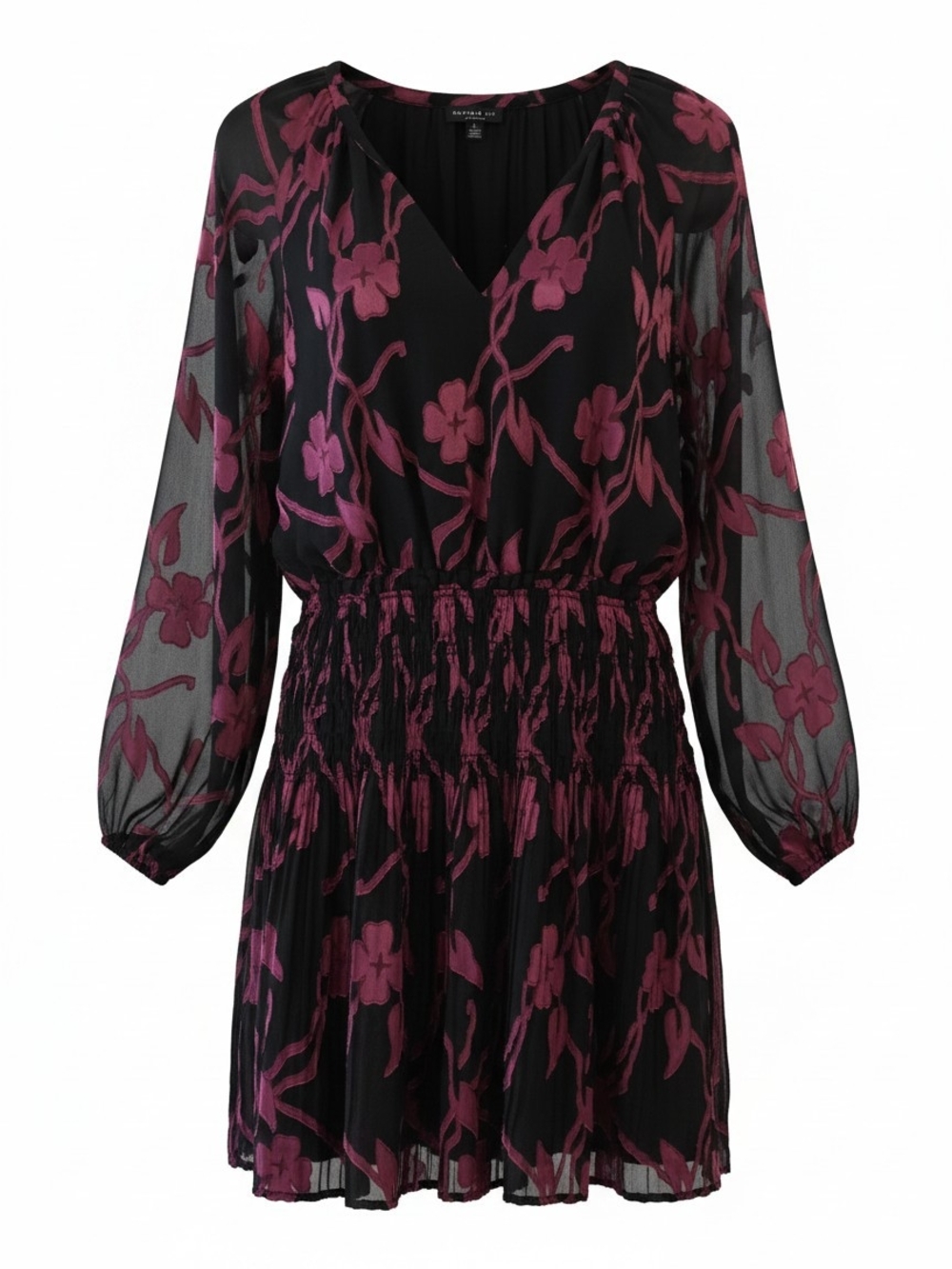 Pink Floral Pleated Mini Dress | Smocked Waist | Sheer Sleeve | Large - Picture 4 of 8
